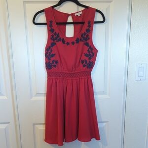 Pink Sleeveless Dress with Blue Floral Embroidery